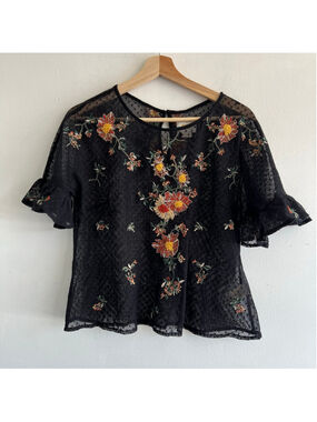 Maeve Black Floral Embroidered Sheer Blouse M